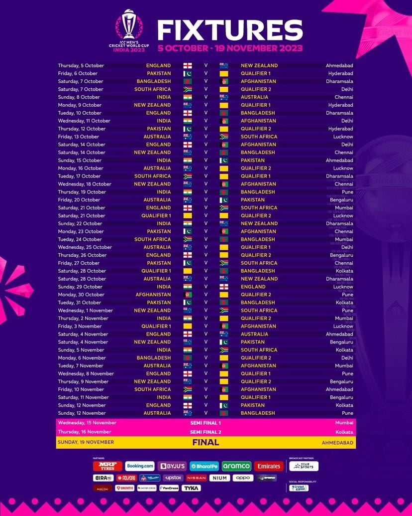 Cricket World Cup 2023 Schedule