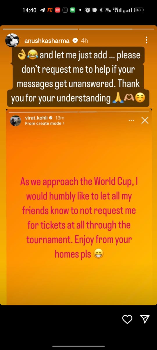 Virat Kohli and Anushka Sharma Request Fans Not to Ask for CWC 2023 Tickets
