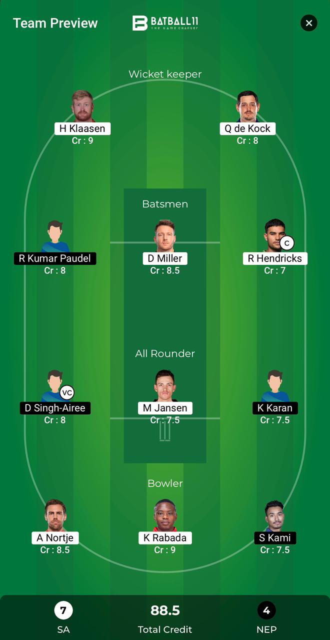 SA Vs NEP Dream11 Predictions - T20 World Cup Match 31