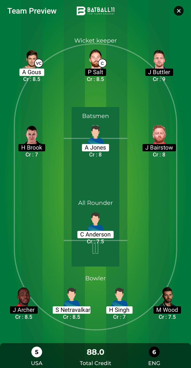 USA Vs ENG Dream11 Predictions - T20 World Cup Match 49