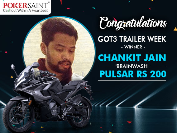 Chankit Jain wins Pulsar RS 200 in PokerSaint's GOT3