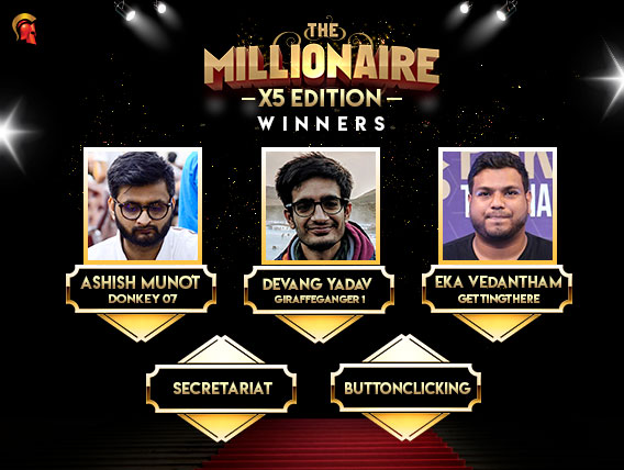 5 winners won INR 10 Lakh each in Millionaire X5 on Spartan Poker.