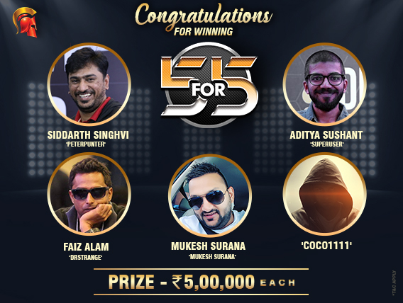 Singhvi, Sushant, Alam, Surana among Spartan 5For5 winners