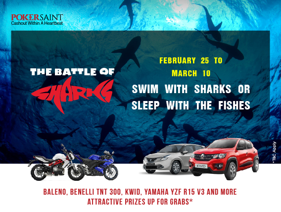 Win top cars, bikes in PokerSaint‘s Battle of the Sharks
