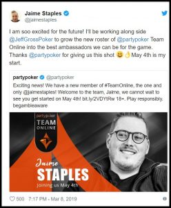 Jaime Staples to join partypoker Team Online on 4th May 1