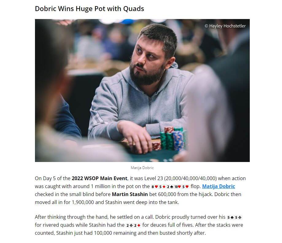 Matija Dobric - WSOP 2022 Quads Hand