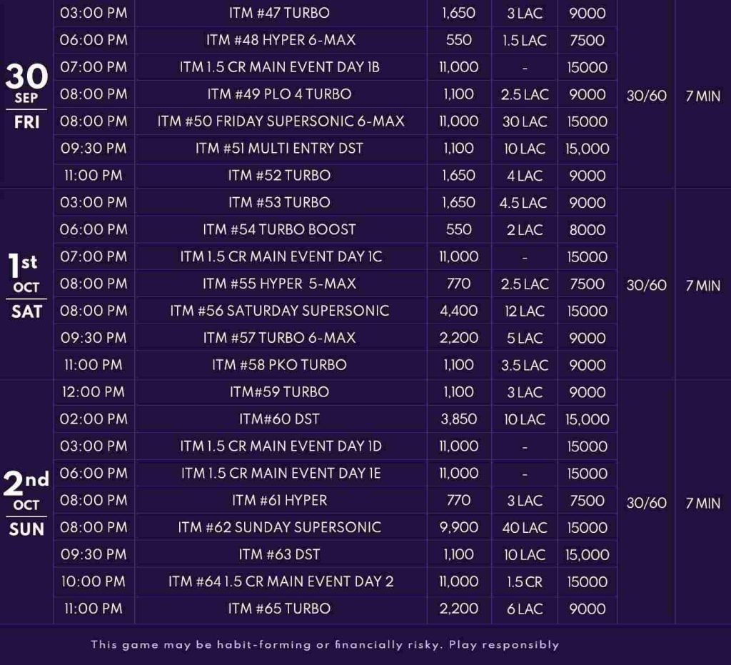 Spartan Poker ITM 2.0 Schedule