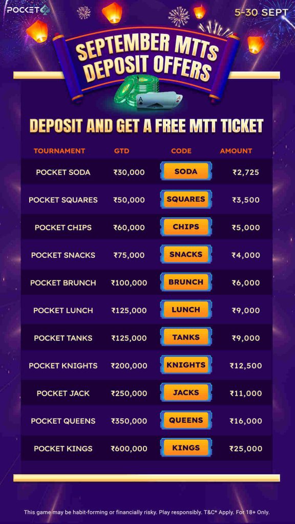 Pocket52 September MTT's Deposit Codes