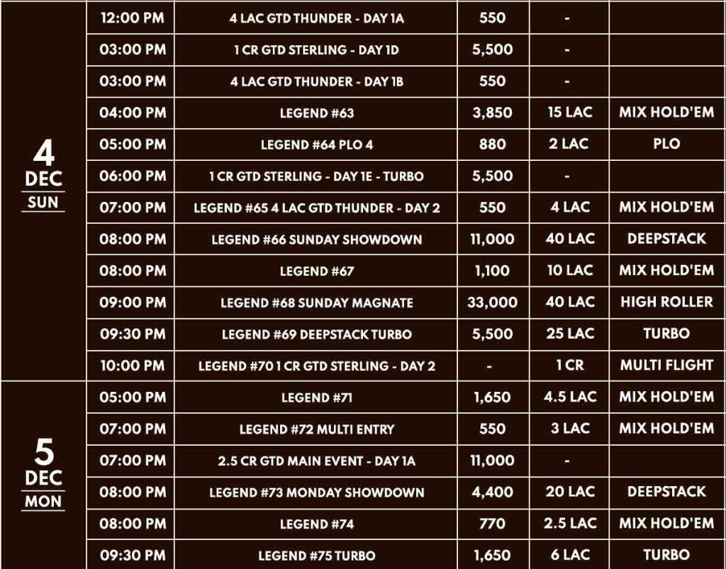 Spartan Poker Legend Series Schedule