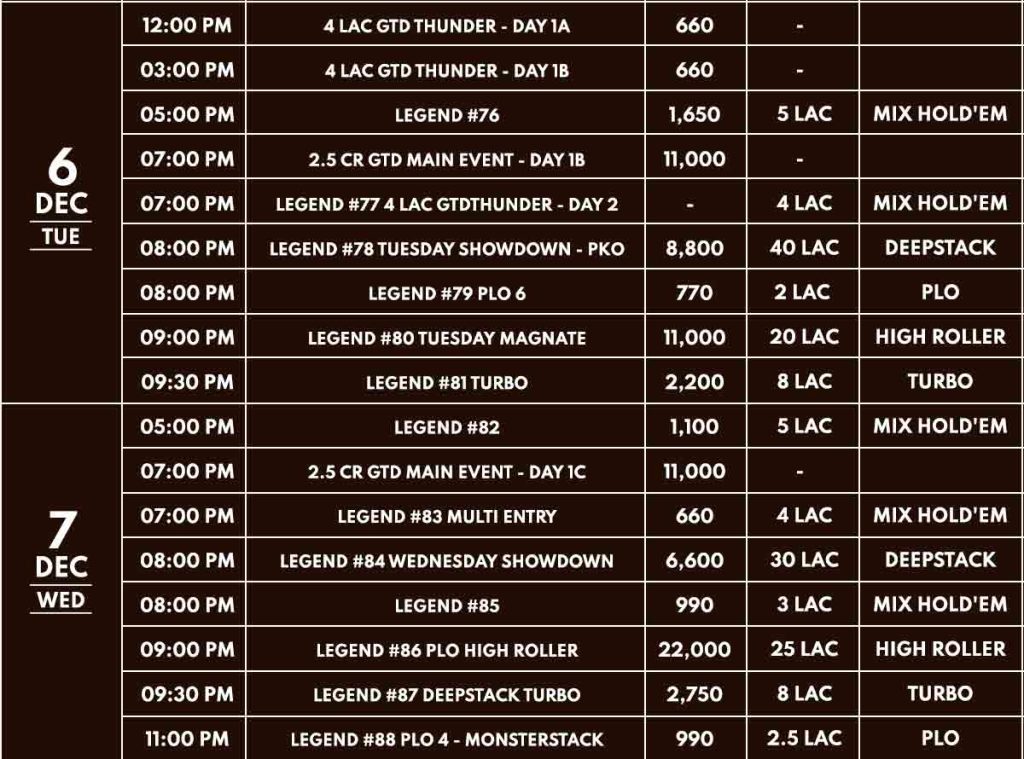 Spartan Poker Legend Series Schedule
