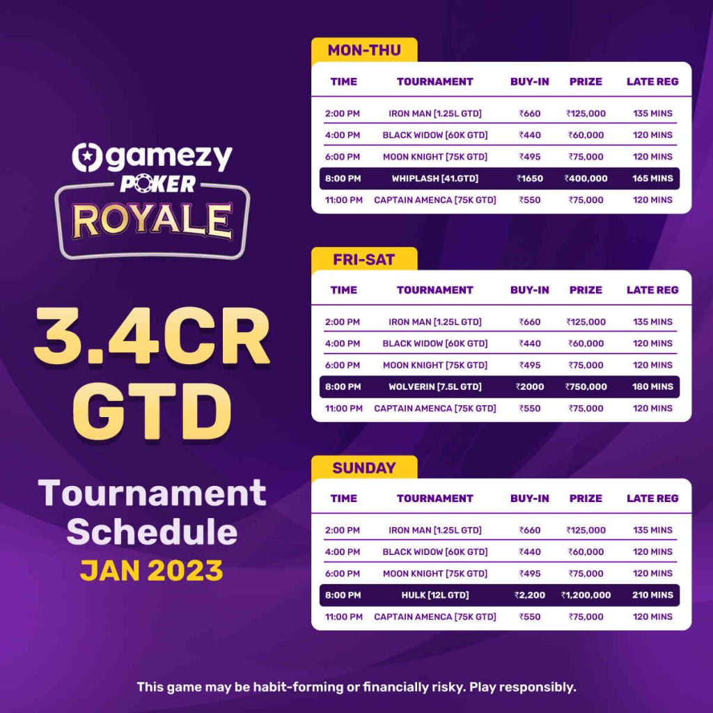 Gamezy Poker Royale January 2023 MTT Schedule 