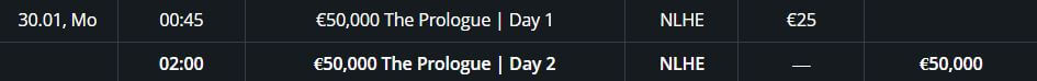 The Prologue Day 2 schedule on PokerMatch