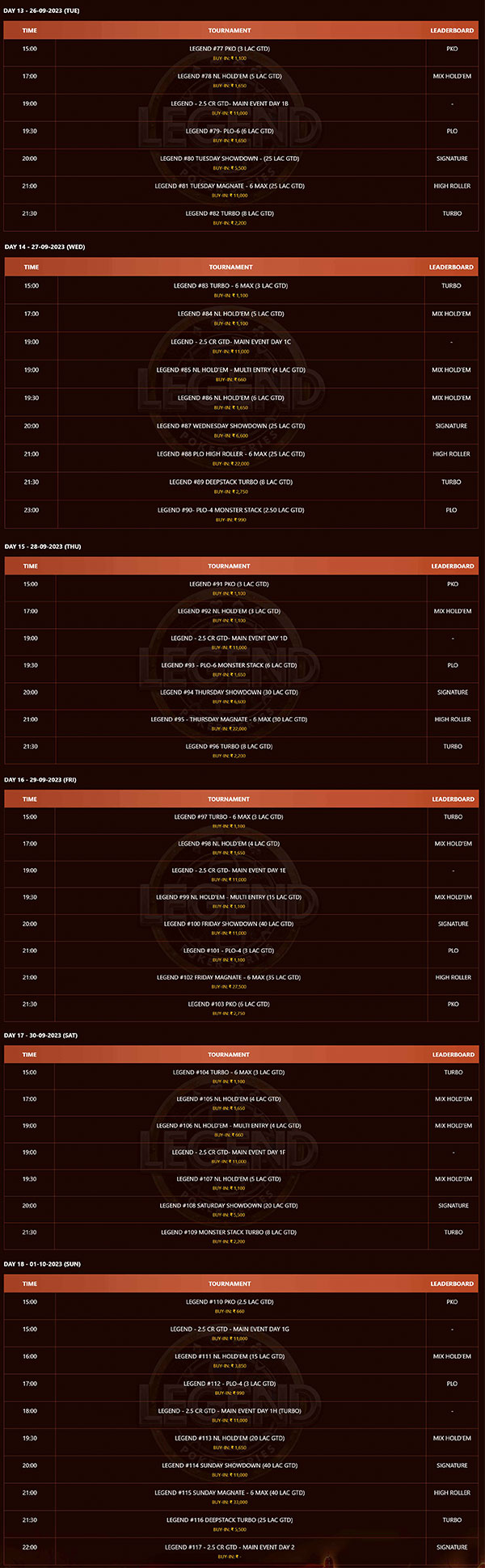 Spartan Poker’s Legend Poker Series Full Schedule