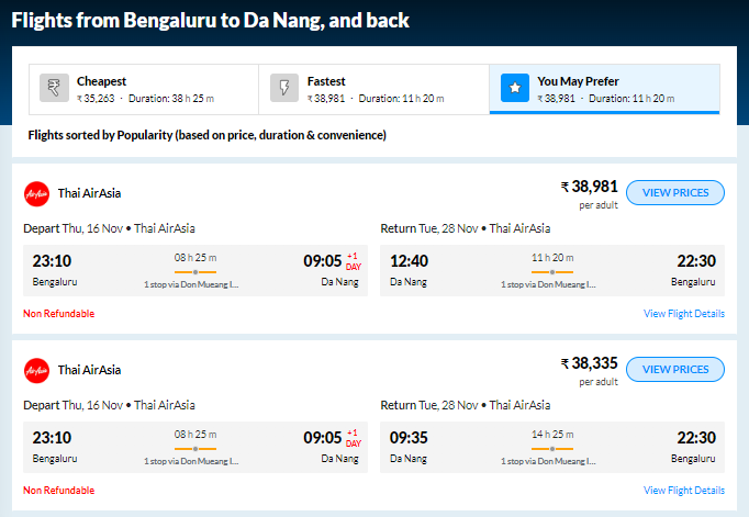 USOP Da Nang 2023: Bangalore to Da Nang Flight Options