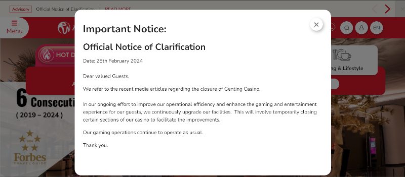 Resorts World Genting Immediately Closes Two Casinos!