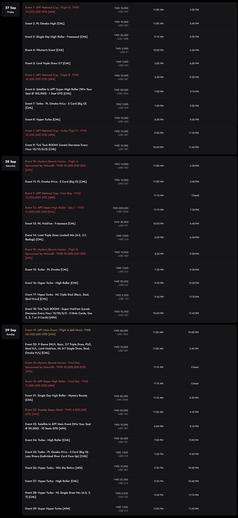 APT Taipei Poker Classic 2024 Schedule