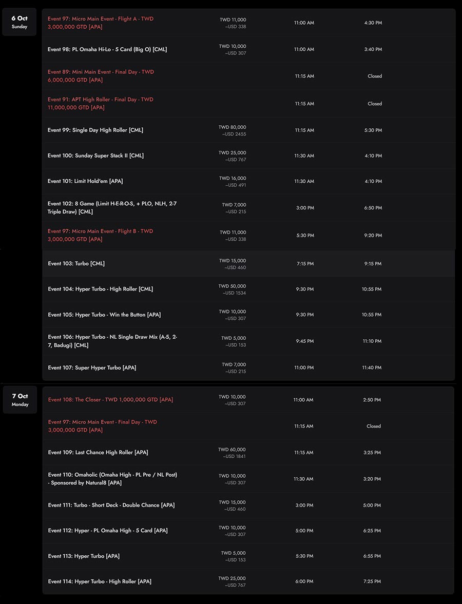 APT Taipei Poker Classic 2024 Schedule