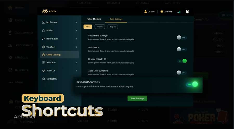 A23 Poker Desktop App - Shortcuts
