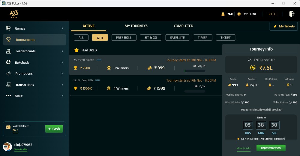 A23 Poker Desktop App Tournament Lobby