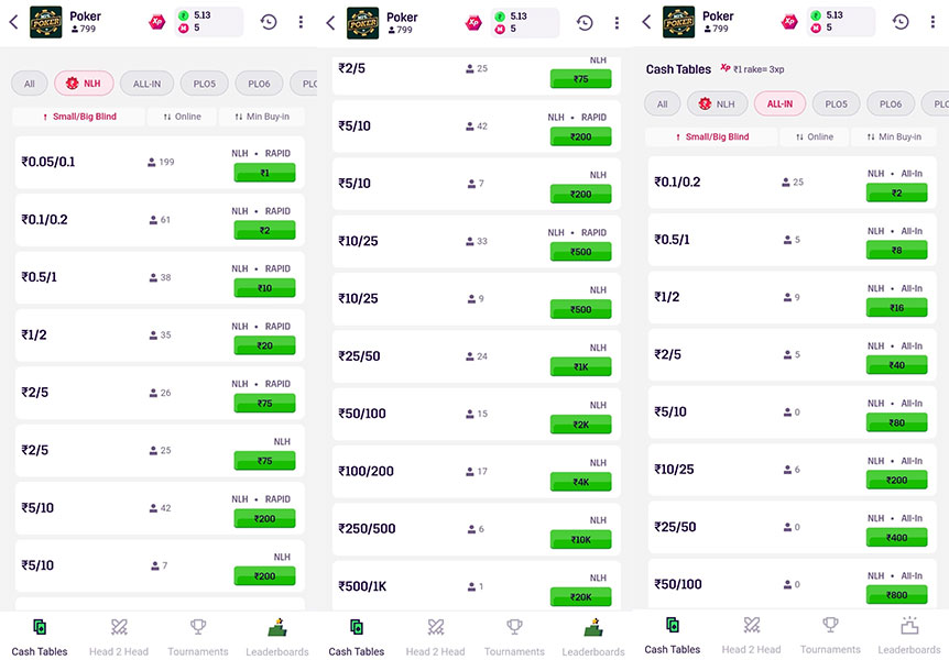 MPL Poker Cash Games Lobby